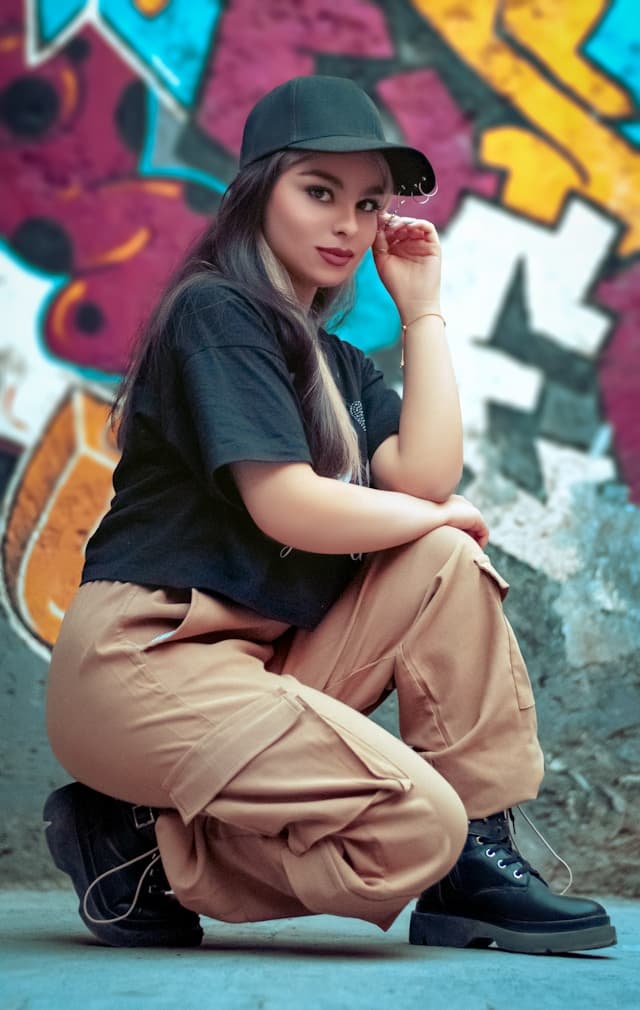 A woman squatting on the ground in front of a graffiti covered wall